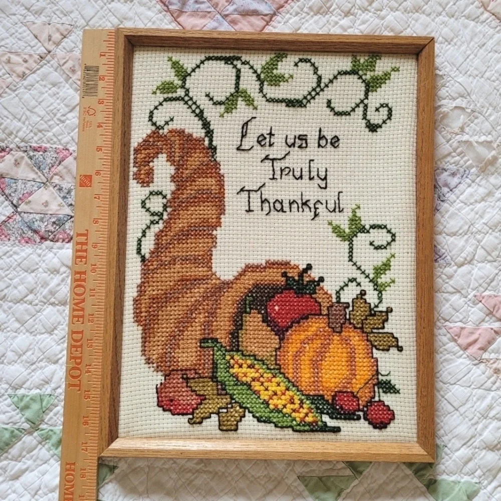 Vintage Framed Cross Stitch Cornucopia Let Us Be Truly Thankful Thanksgiving Art
